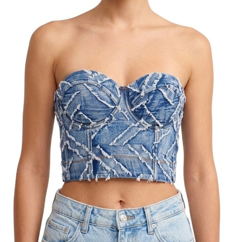 Y2K Denim Bustier Top Women‎ XS Blue Distressed Strapless Hook Eye